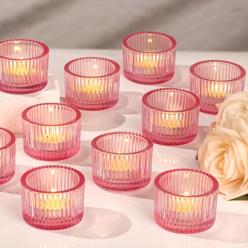 Photo 1 of Lanttu Pink Tealight Candle Holder Set of 12, Small Votive Candle Holders for Table Centerpiece,Glass Tea Light Candles Holder for Party&Home,Christmas,Wedding Decor(2''Dia*1.4''H)
