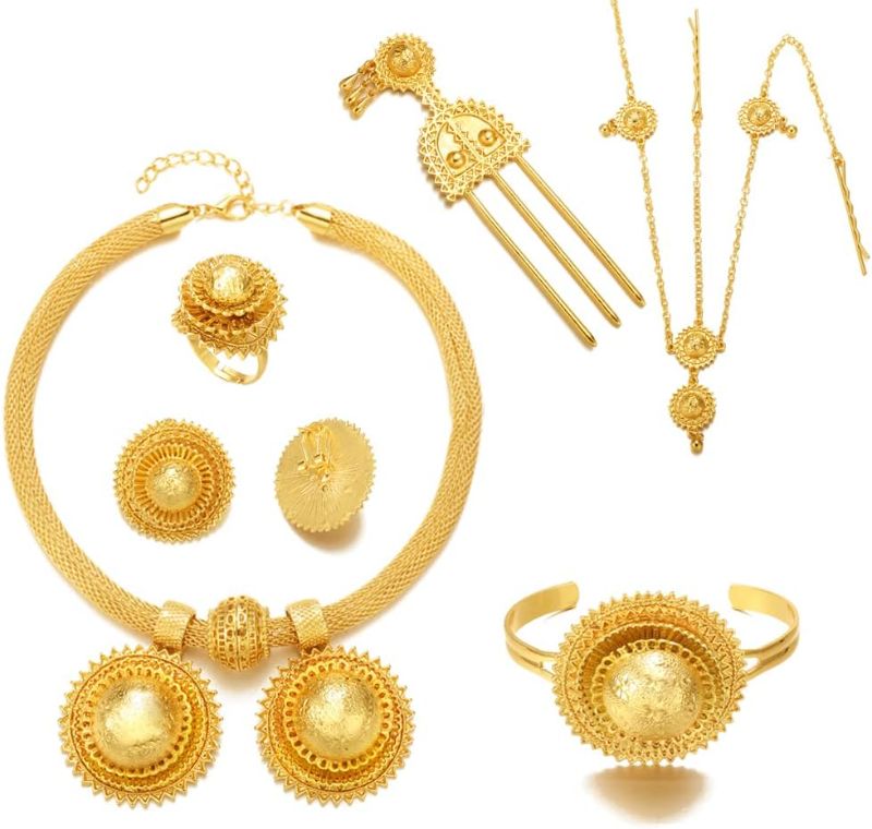 Photo 1 of Sajayea Ethiopian Jewelry for women Set New Designs 24K Gold Plated Pendant Earrings Hairpin Headchain Ring Habesha Wedding Gifts
