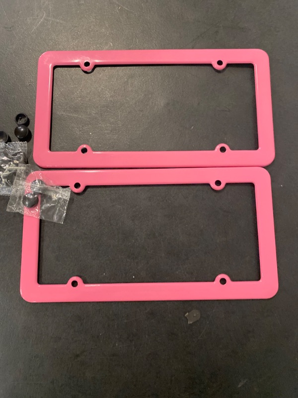 Photo 2 of idain Aluminum License Plate Frame, 2Pcs 4 Holes License Plate Frames, Car Licenses Plate Covers Holders for US Vehicles (Pink)
