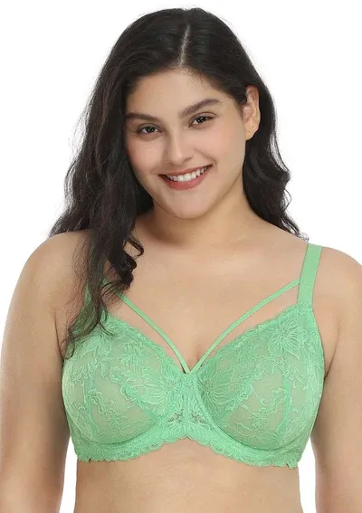 Photo 1 of 44DD Pretty In Petals Bright Green Unlined Strappy Lace Bra Set
