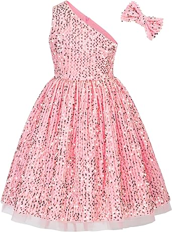 Photo 1 of Size 8Y - GRACE KARIN Girls Sequin Dress One Shoulder Flower Girl Dress Wedding Pageant Gown Pink