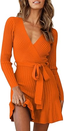 Photo 1 of S/M HUUSA Women's Sexy V Neck Wrap Sweater Dress Casual Long Sleeve Slim Bodycon Ruffle Hem Party Sweater Mini Dresses with Belt
