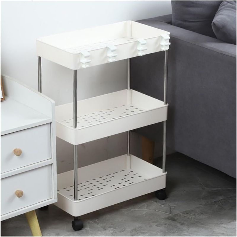 Photo 1 of 3-Tier Storage Trolley Cart?Bathroom Cabinet, Storage Cabinet for Small Space, Tall Cabinet, Narrow Cabinet for Kitchen, Bathroom, Laundry Room, Bedroom (Color : White, Size : 40.2 * 13.2 * 60cm)
