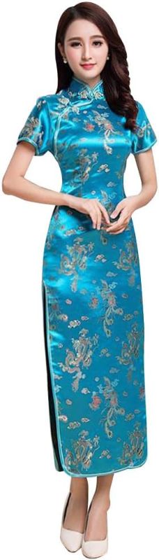 Photo 1 of 2XL Women Cheongsam Long Dress Evening Short Sleeve Slim Fit Maxi Dress Floral Faux Silk Stand Collar Bodycon Qipao
 