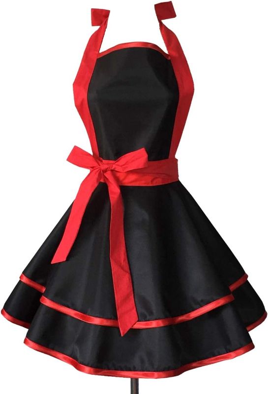 Photo 1 of Hyzrz Lovely Handmade Cotton Retro Black Aprons for Women Girls Cake Kitchen Cook Apron for Mother's Gift (Red)
