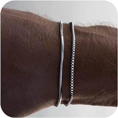 Photo 1 of CHESKY Layered Silver Bracelet for Men Boys, 925 sterling silver men bracelet Dainty men bracelet set 2mm snake box chain link braclets 6.5-9 inch silver jewelry Gift for men boys
