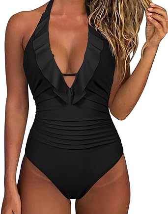 Photo 1 of 2XL SUUKSESS Women Sexy Halter One Piece Swimsuits Ruffle Tummy Control Bathing Suit
