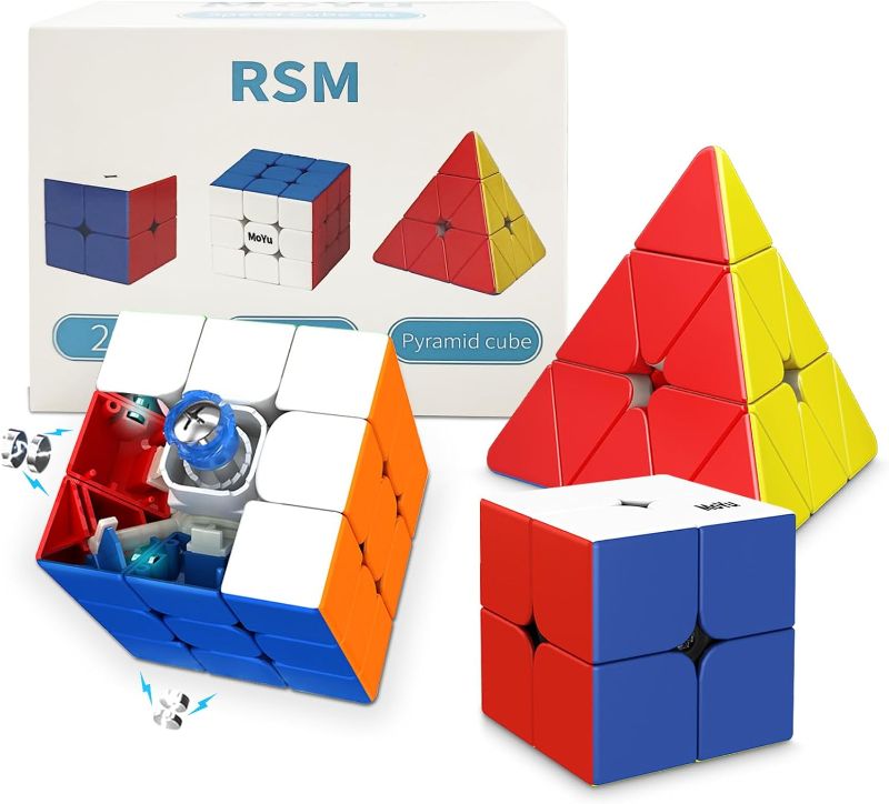 Photo 1 of *One Cube is Damaged* TUNJILOOL 3 Pack Speed Cube Set MOYU RS3M Version, Magnetic Cube 2x2 3x3 Pyraminx Triangle Smooth Stickerless Easy Turning Fast
