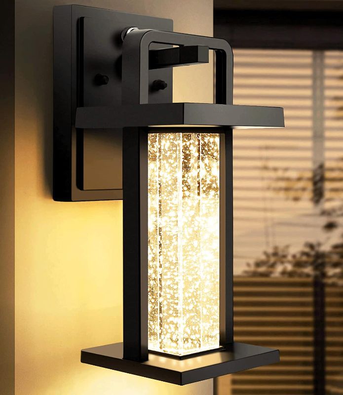 Photo 1 of Modern Outdoor Wall Light Fixture,Dusk to Dawn Wall Mount for House with Bubble Crystal Glass,Black Front Porch Lights Waterproof 10W 480LM Integrated Sconce,3000K for House Patio
