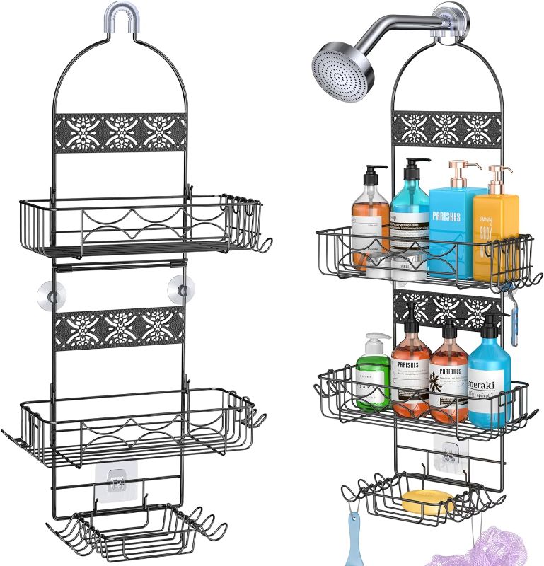 Photo 1 of Vintage Hanging Shower Caddy Over Shower Head, Foldable Large Bathroom Shower Organizer with 13 Hooks for Razor/Sponge, Soap Basket Rustproof, Black
