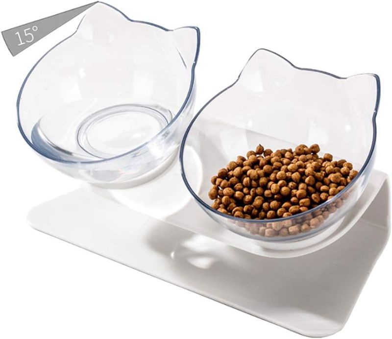 Photo 1 of Double Elevated Cat Bowls with Raised Stand, 15 Tilted cat Design Neck Guard Stand Pet Food Water Feeder Bowl for Cats or Small Dogs
