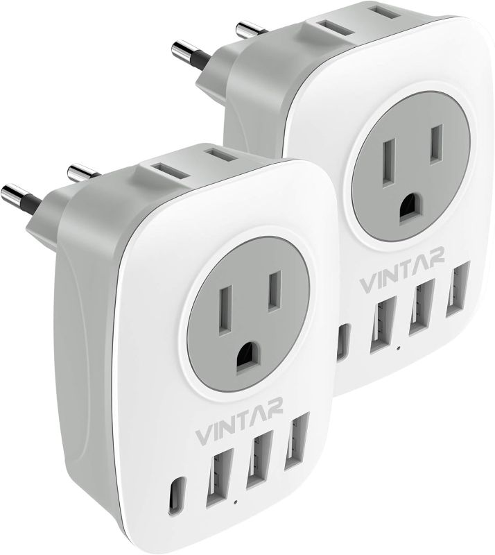 Photo 1 of [2-Pack] European Travel Plug Adapter, VINTAR International Power Plug Adapter with 1 USB C, 2 American Outlets and 3 USB Ports, 6 in 1 Travel Essentials to Most of Europe Greece, Italy(Type C)
