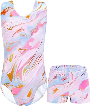 Photo 1 of 8-10 YRS  Girls Gymnastics Leotards Set One Piece Sleeveless Tumbling Outfits with Matching Shorts