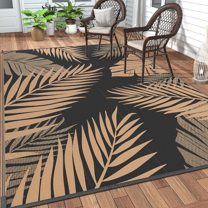 Photo 1 of GENIMO Outdoor Rug 5' x 8' Waterproof for Patios Clearance, Reversible Outdoor Plastic Straw Camping Rug Carpet, Large Area Rugs Mats for RV, Picnic, Backyard, Deck, Balcony, Porch, Beach, Black&Brown