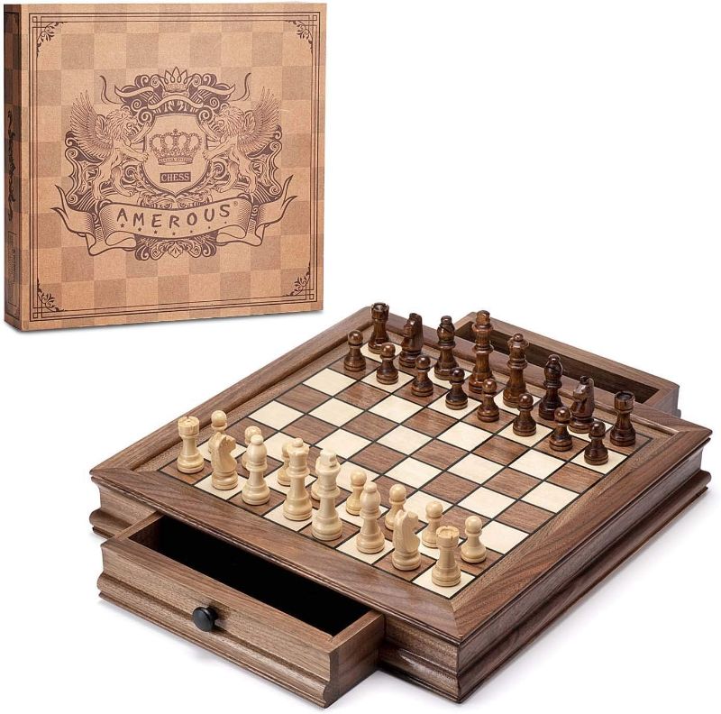 Photo 1 of AMEROUS Magnetic Wooden Chess Set, 12.8" x 12.8" Walnut Chess Board Game with 2 Built-in Storage Drawers - 2 Bonus Extra Queens - Chess for Beginner, Kids and Adults, Gift Packaging
