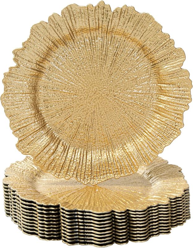 Photo 1 of MAONAME Gold Charger Plates Set of 12, Reef Plate Chargers for Dinner Plates, Plastic Decorative Plates for Table Setting, Thanksgiving, Christmas
