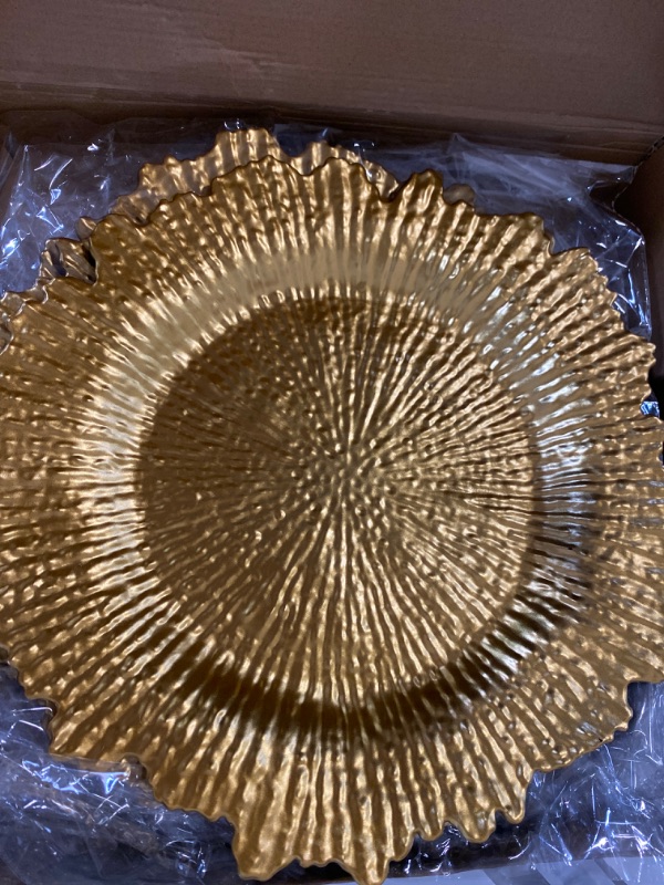 Photo 2 of MAONAME Gold Charger Plates Set of 12, Reef Plate Chargers for Dinner Plates, Plastic Decorative Plates for Table Setting, Thanksgiving, Christmas

