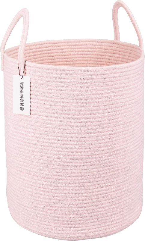 Photo 1 of Cotton Rope Laundry Basket Hamper for Girls Kids Baby Nursery Hamper Bin Woven Storage Basket for Living Room Girls room Boho Tall Rope Baskets for Blanket Toys Large light pink
