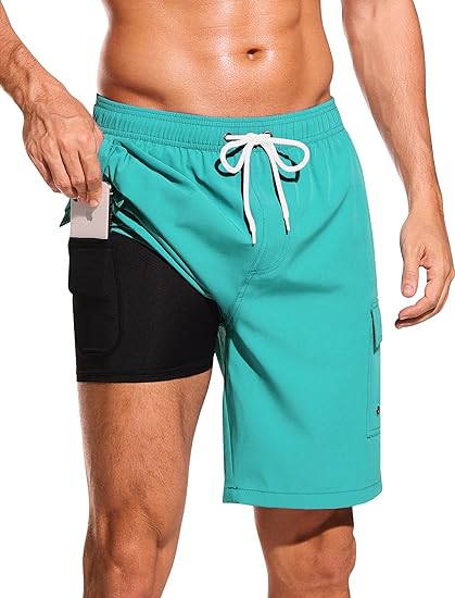 Photo 1 of Small SILKWORLD Men's Swim Trunks with Compression Liner Quick Dry Bathing Suits 9 Inch Swimming Shorts with Cargo Pockets
