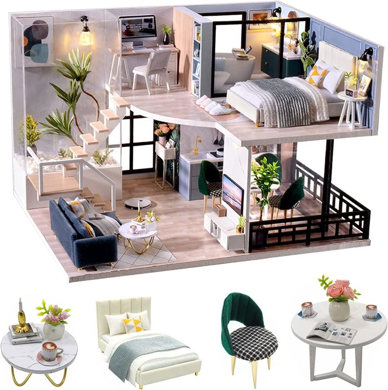 Photo 1 of CUTEROOM DIY Miniature Dollhouse Kit with Furniture, Wooden Doll House Kit with LED Lights