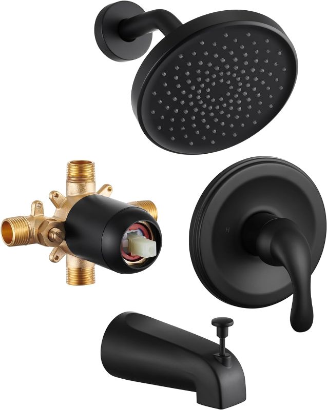 Photo 1 of FROPO Black Shower Tub Faucet Set (Valve Included)-6 Inch Black Shower Head and Handle Set, High-Pressure Bathtub Shower Faucet Set with Shower Head and Tub Spout Single-Spray, Matte Black
