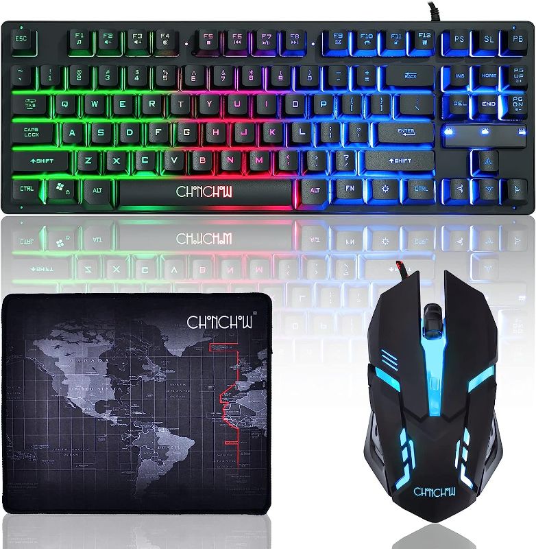 Photo 1 of CHONCHOW 87 Keys TKL Gaming Keyboard and Mouse Combo, Wired LED Rainbow Backlit Keyboard 800-3200 DPI RGB Mouse, Gaming for PS4 Xbox PC Laptop Mac
