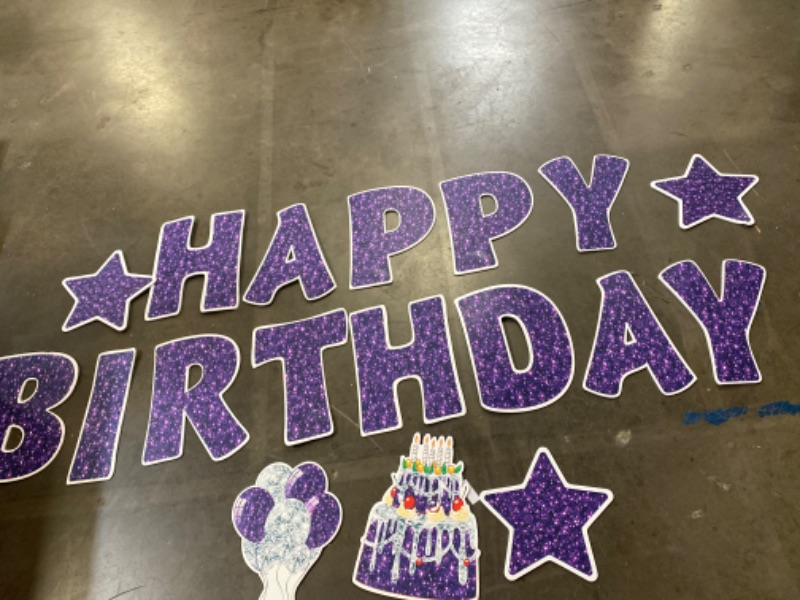 Photo 2 of Jetec 18 Pieces Happy Birthday Yard Signs with Stakes, 16 Inches Birthday Outdoor Lawn Signs, Birthday Cake Balloon Patio Decorations, garden Lawn Decorations for Birthday Party (Purple)
