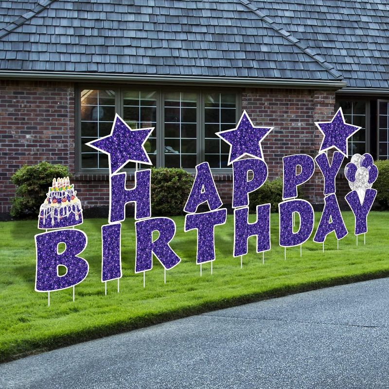 Photo 1 of Jetec 18 Pieces Happy Birthday Yard Signs with Stakes, 16 Inches Birthday Outdoor Lawn Signs, Birthday Cake Balloon Patio Decorations, garden Lawn Decorations for Birthday Party (Purple)
