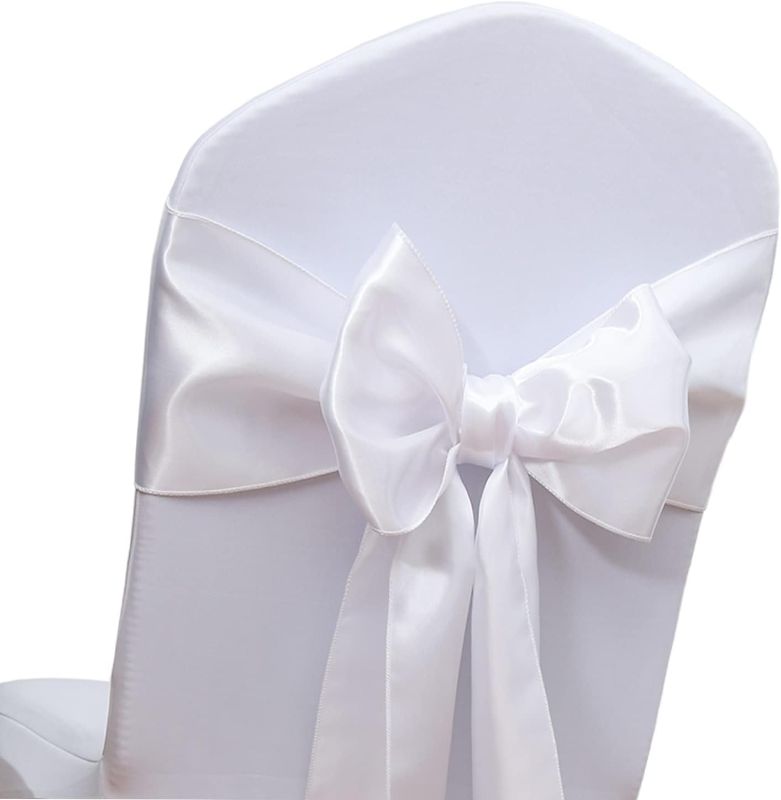 Photo 1 of Set of 50 Satin White Chair Sashes for Wedding, 7 X 108 Inches White Chair Bows for Party, Satin Chair Ribbons Ties for Weddings Church Ceremony Event Chair Decorations