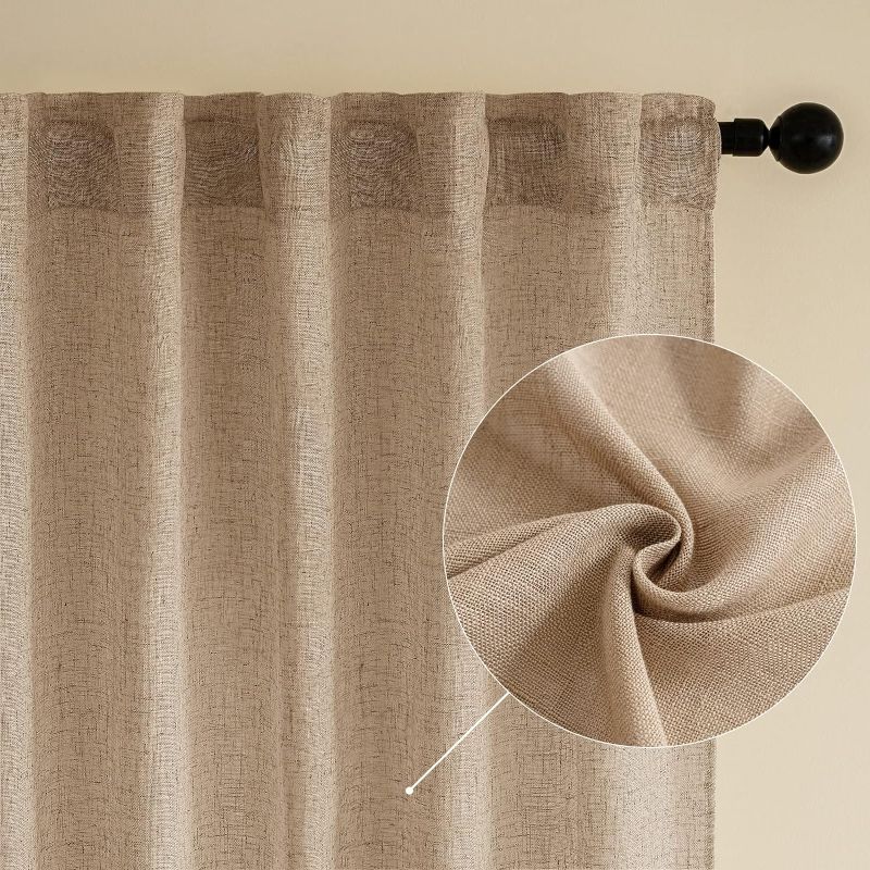 Photo 1 of W52xL90 EMEMA Linen Sheer Curtains, Back Tab and Rod Pocket Linen 90 inches Curtains for Living Room Bedroom, Thick Linen Textured Semi Window Drapes Light Filtering Farmhouse Decor, 2 Panels, Brown
