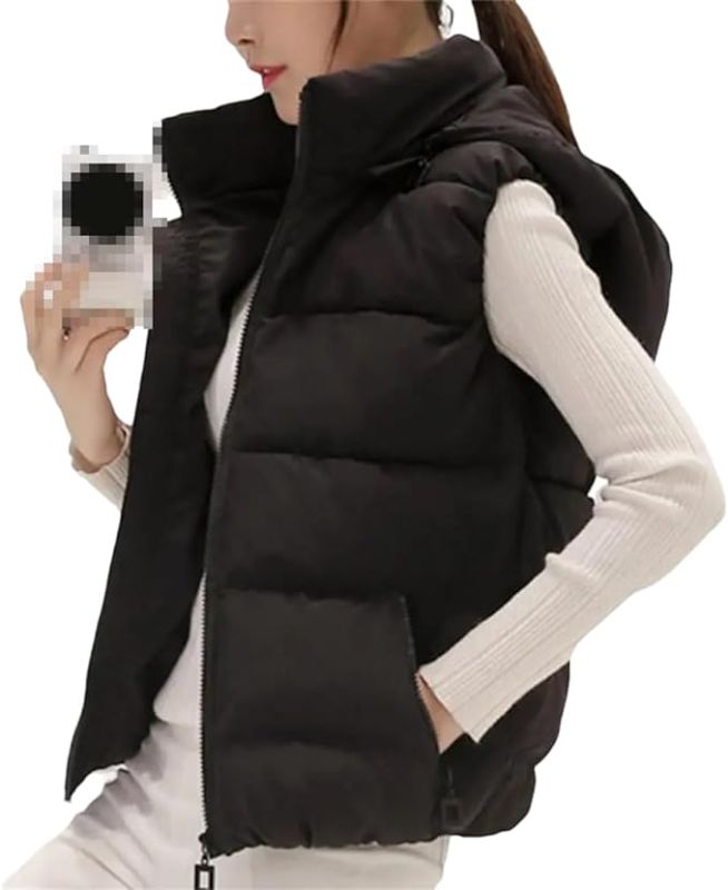 Photo 1 of Size M -Women Sleeveless Stand Collar Pockets Zipper Vest Removable Hat Warm Cotton Padded Outerwear