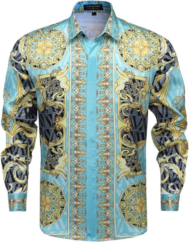 Photo 1 of Size 3XL - Mens Luxury Brand Printed Silk Like Satin Button Down Dress Shirt for Party Prom Long Sleeve Slim Fit Floral Nightclub Shirt