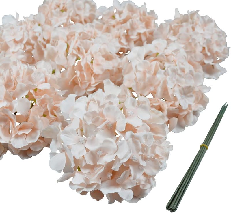 Photo 1 of Quantity 10 - Blush Pink Hydrangea Artificial Flowers, Silk Artificial Hydrangea Flowers Head with Stem Hydrangea for Bridal Wedding Baby Shower Home Party Decoration (Blush Pink)