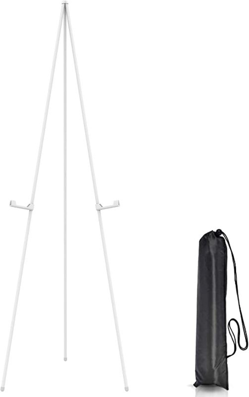 Photo 1 of White Easel Stand for Display Wedding Sign & Poster - 63 Inches Tall Easels for Display Holder - Collapsable Portable Poster Easel - Floor Adjustable Metal Easel Tripod