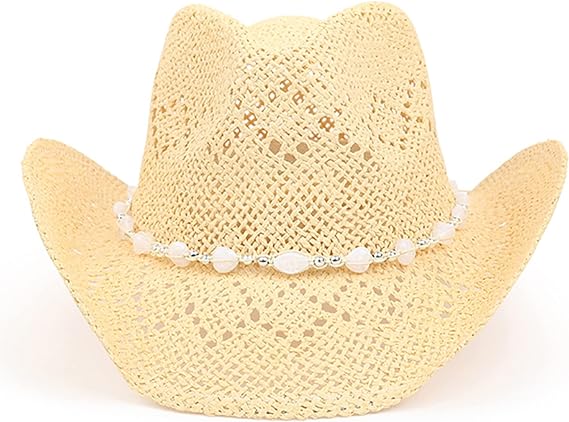 Photo 1 of One Size Fits All - Western Cowgirl Hat, Straw Cowboy Hat for Women with Shapeable Brim, Beaded Hearts Trim, Shapeable Cowboy Hat