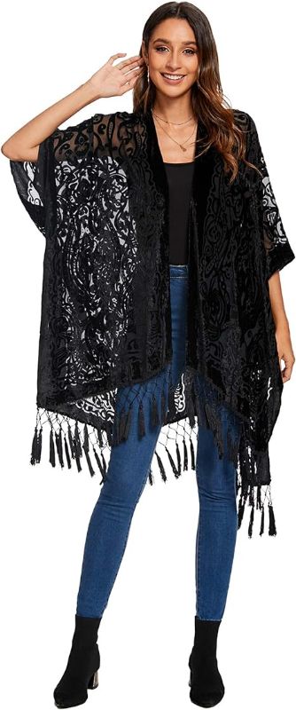 Photo 1 of One Size - Women's Burnout Velvet Kimono Long Cardigan Cover Up With Tassel