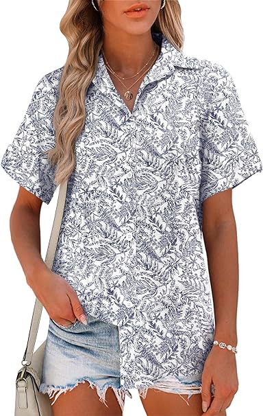 Photo 1 of Size XL - HOTOUCH Linen Button Down Shirt Women Cotton Short Sleeve Blouses V Neck Collared Button Up Summer Beach Tops