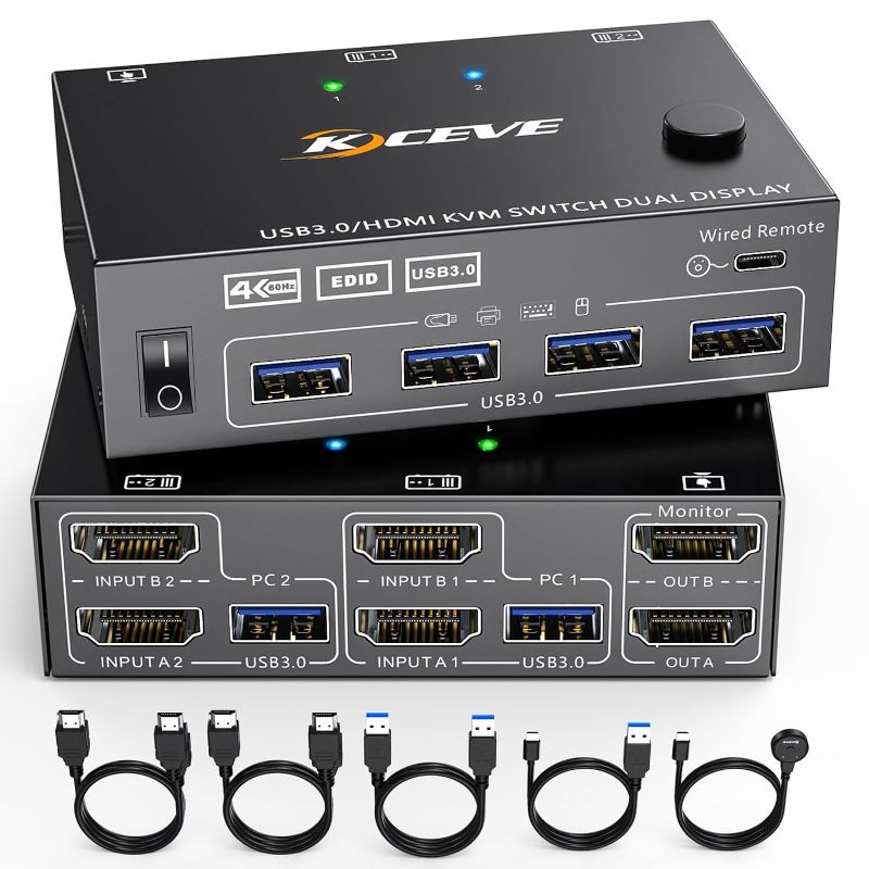 Photo 1 of KVM Switch for 2 Computers 2 Monitors, NAWEN USB 3.0 HDMI Dual Monitor KVM Switcher with Simulation EDID Support 4K@60Hz 2K@144Hz for 2 PC 2 Monitors
