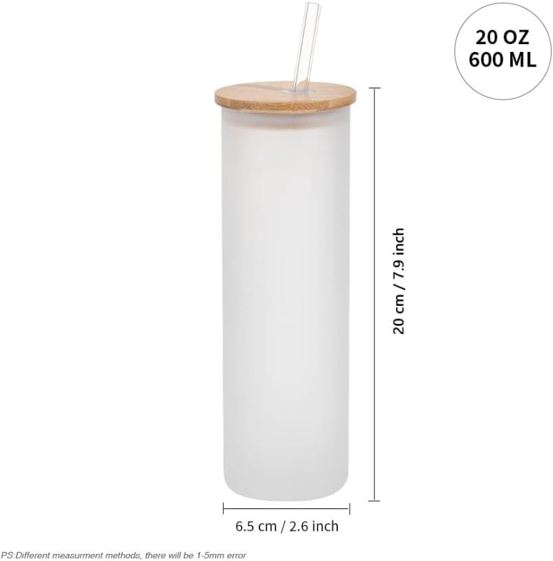 Photo 1 of  Glass Blanks Tumbler Skinny Straight Frosted 20 OZ with Bamboo Lid and Glass Straw Jar Tumbler Cups Mugs for Tumbler Heat Press