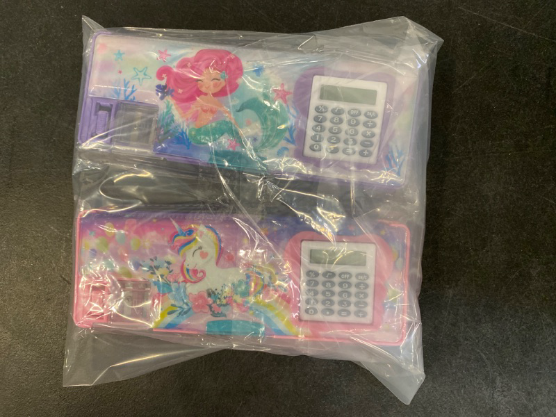 Photo 2 of 2 Pieces Multifunctional Pencil Box for Girls Unicorn Multifunction Pencil Case Plastic Mermaid Pencil Case with Calculator and Pencil Sharpener Pencil Pouch School Gifts for Kids Teens Supplies