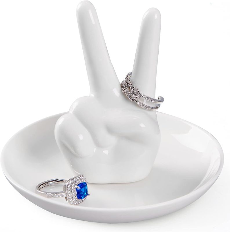 Photo 1 of Hand Ring Holder Jewelry Dish, Victory Hand Jewelry Holder Peace Sign Finger Ring Stand - Wedding Engagement Ring Dish Tray, Funny Gifts for Women Birthday Christmas Valentines Mother‘s Day