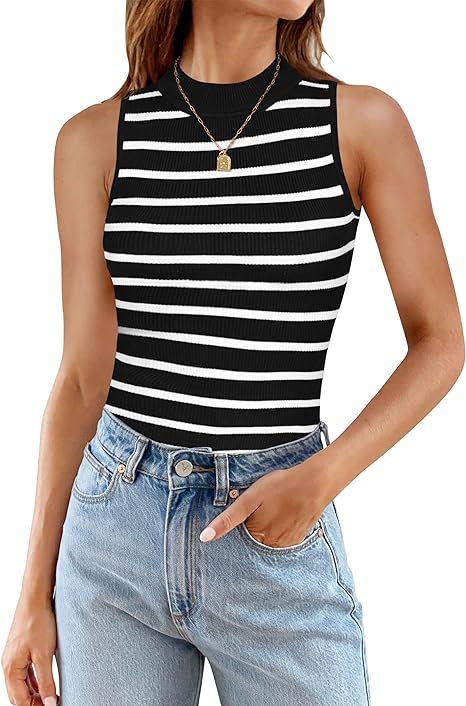 Photo 1 of Size XL - ZESICA Womens Ribbed Tank Tops High Neck Slim Fitted Striped Basic Casual Summer Sleeveless Shirts