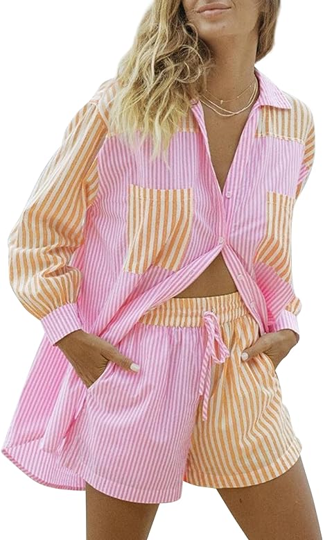 Photo 1 of Size M - SAFRISIOR Women’s 2 Piece Casual Tracksuit Outfit Sets Stripe Long Sleeve Shirt And Loose High Waisted Mini Shorts Set