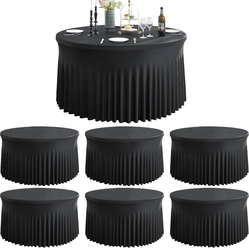 Photo 1 of 6 Pack Spandex Black Round Tablecloths for 72in Table, Stretchy 132inch Fitted 6FT Round Table Cloths, Wrinkle Free Table Cover with Skirt for Wedding Birthday Party Graduation Banquet