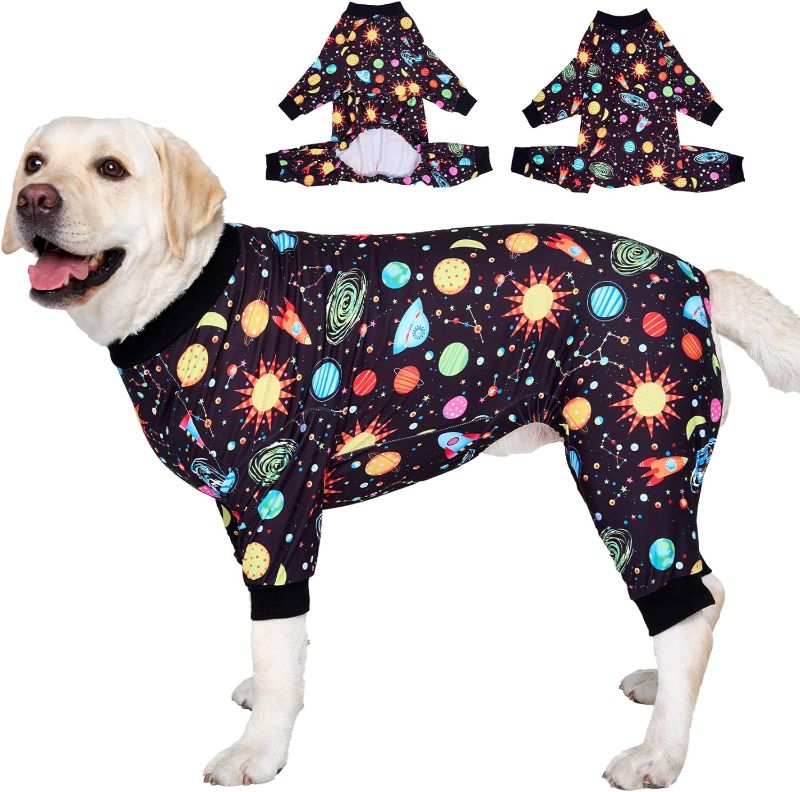 Photo 1 of LovinPet Big Dogs Onesies: Big Dog Pajamas, Post Surgery/Wound Care, Lightweight Stretchy Fabric, Interstellar Black Print, Dog Jumpsuit, Anti Licking, Pet PJ's/Large