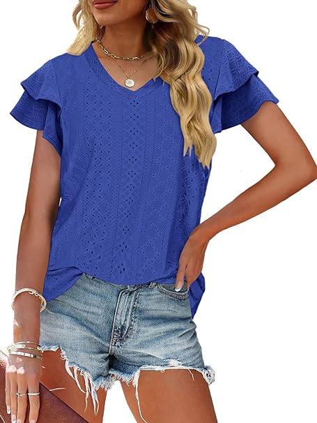 Photo 1 of Size M - Womens Tops Summer Ruffle Short Sleeve Eyelet V Neck T Shirts Loose Fit