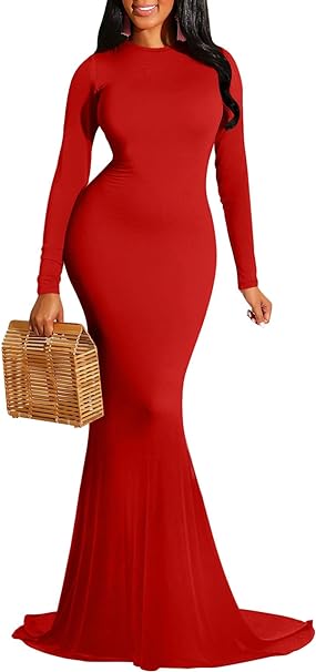 Photo 1 of Size XL - LAGSHIAN Women Elegant Long Sleeve Evening Gown Backless Maxi Mermaid Dress
