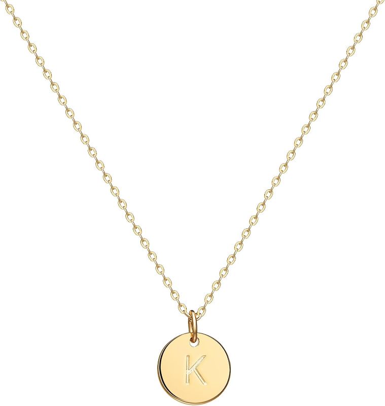 Photo 1 of (Letter K) Initial Necklaces for Women 14K Gold Plated Dainty Letter Necklce Round Coin Disc Pendant Double Side Engraved A-Z Necklace Personalized Jewelry Gift for Girls