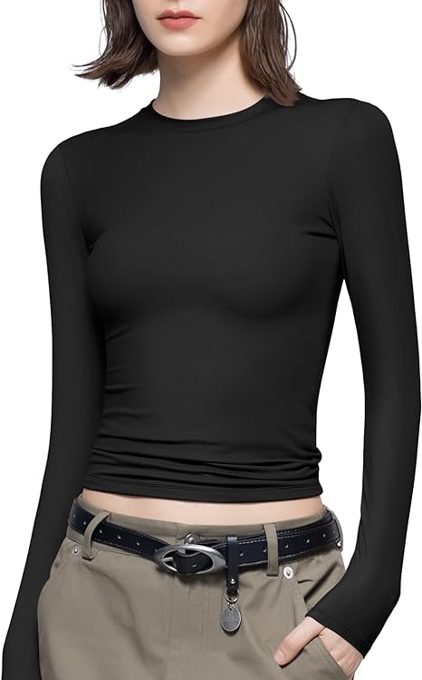 Photo 1 of Size M - PUMIEY Women's Long Sleeve T Shirts Crew Neck Slim Fit Tops Sexy Basic Tee Smoke Cloud Pro Collection