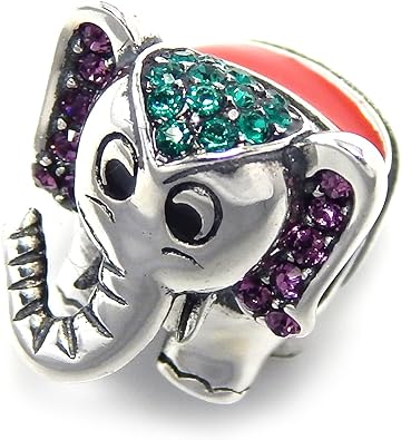 Photo 1 of Solid 925 Sterling Silver Purple & Green CZ Elephant w/Red Enamel Charm Bead 351 for European Snake Chain Bracelets